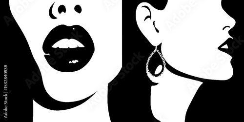 Bold black and white silhouette of woman's face with lips, chin curve, and earrings for modern design