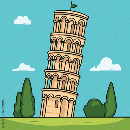 Leaning Tower of Pisa Illustration with Lush Green Foliage