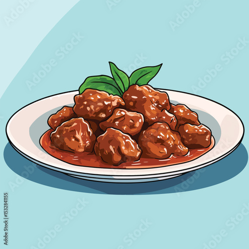 Plate of Meatballs with Tomato Sauce and Basil Leaves Illustration