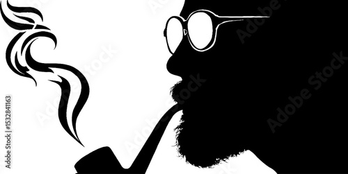 Silhouette of man with beard smoking pipe and swirling smoke design