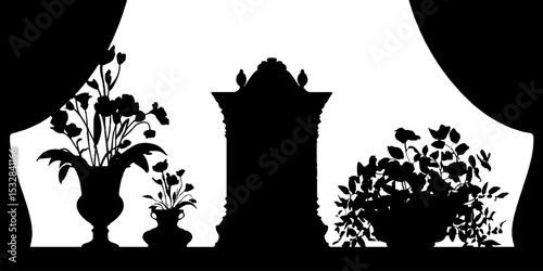 Elegant mantle display with floral arrangements and ornate frame silhouette design
