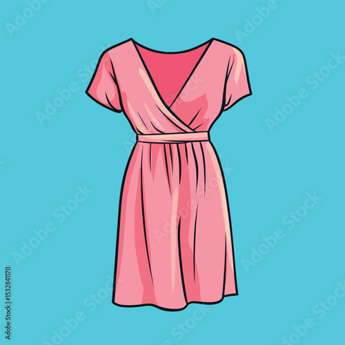 Pink Wrap Dress with Short Sleeves and Waist Tie Illustration