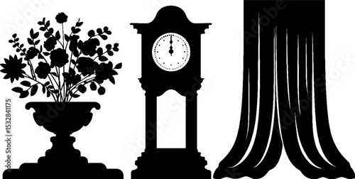 Classic elegance with mantle clock, grand frame, and floral arrangement silhouettes for home decor design