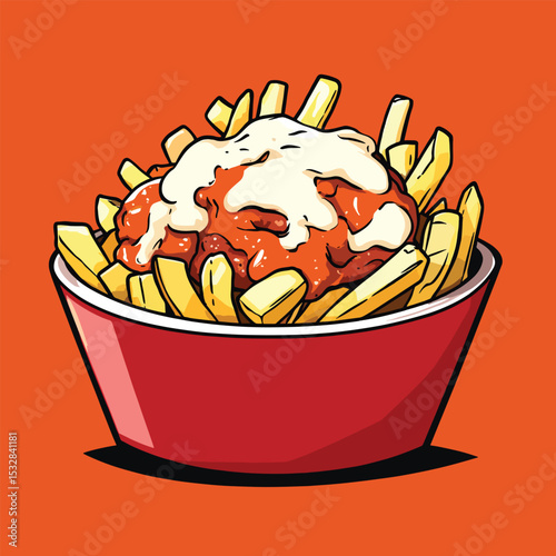 PoutineInspired Fries Golden Fries Topped with Gravy and Cheese Curds in Red Bowl