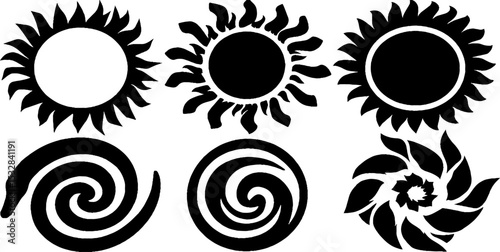 Mayan glyphs and spirals with sun motifs for artistic design and decoration