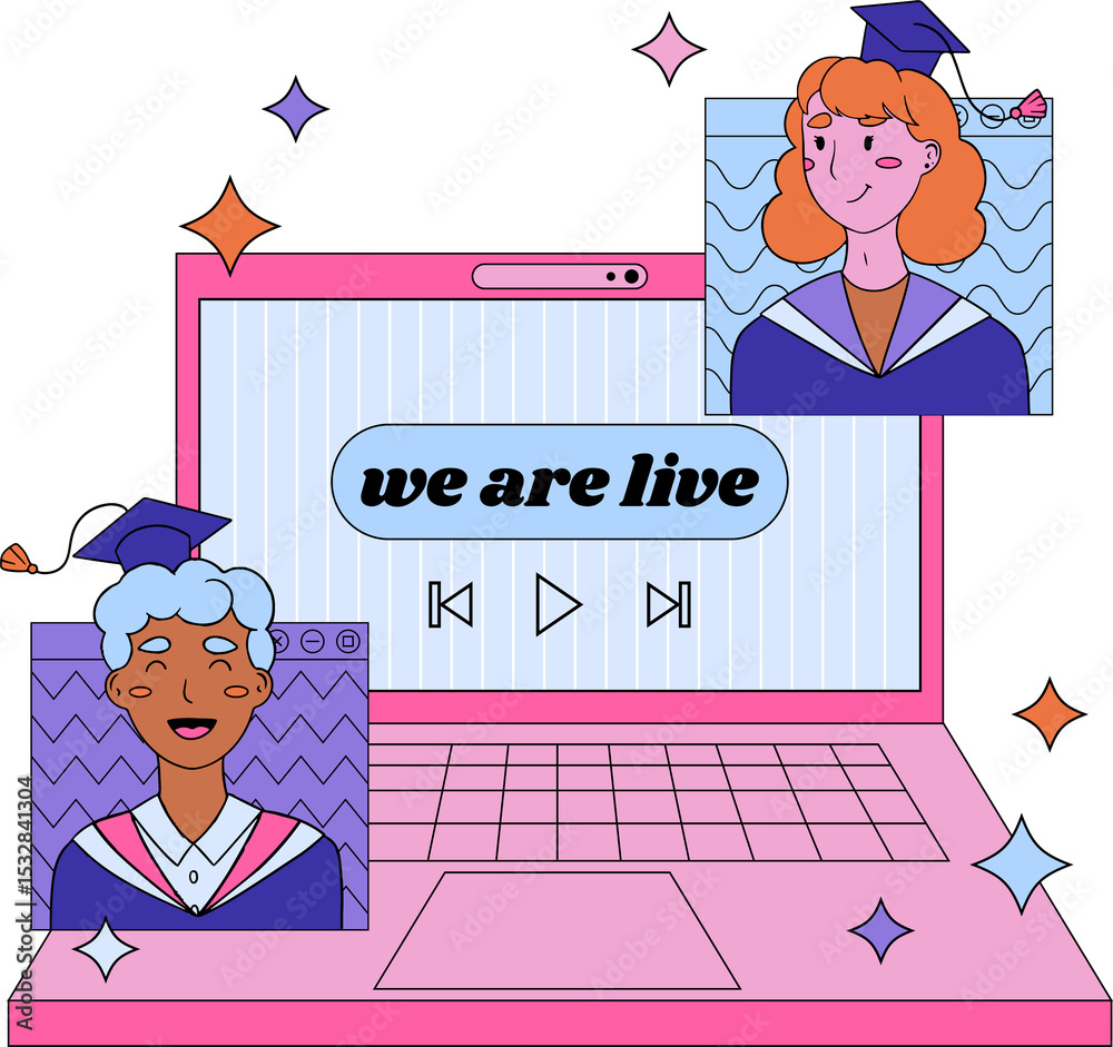 Fototapeta premium Pink laptop is showing live grad feed in flat UI with chat windows, stars, transparent background