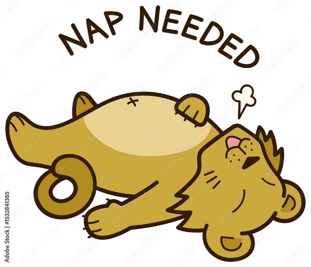 Naklejka premium Flat cartoon lion is lying on back paws up sighing, NAP NEEDED text on transparent background