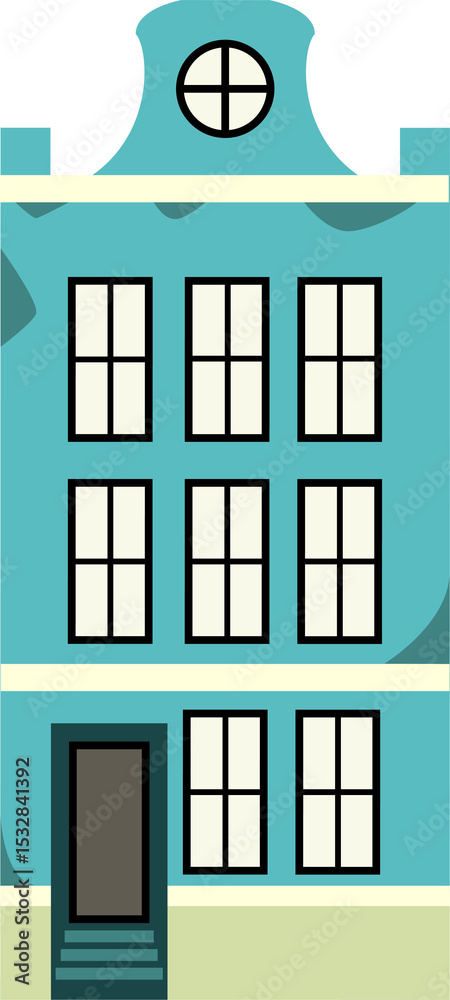 Fototapeta premium Showing flat design facade on transparent background, featuring circular window, door, teal steps