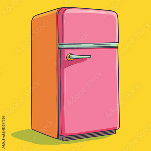 Retro Pink and Orange Refrigerator with Curved Handle and Dark Outlines
