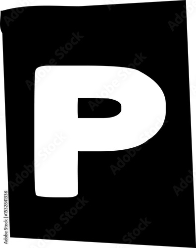 Flat design bold uppercase letter P is tilting right in skewed panel on transparent background
