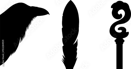 Norse mythology elements: odin silhouette, raven pair, and spear design for creative use
