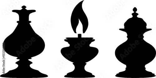 Set of elegant oil lamp silhouettes with flame arc and ornate glass design