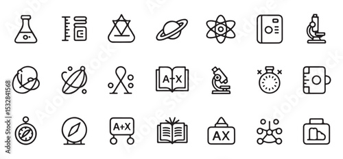 Black and white vector line art icon set featuring science education symbols including beaker flask graduated cylinder pill bottle geometric shapes planet atom notebook microscope globe compass