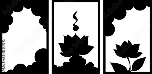 Spiritual symbols collection featuring om, lotus bloom, and prayer wheel design