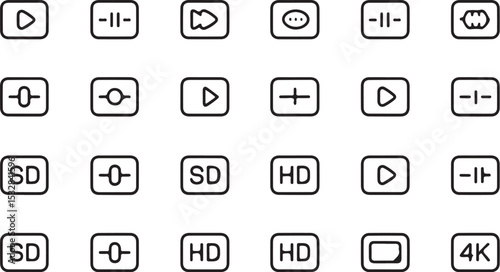 Black and White Vector Line Art Icon Set Featuring Video Player Controls Playback Options Resolution Indicators S D H D 4 K Pause Play Rewind Fast Forward Symbols Square Buttons User Interface