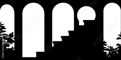 Abstract architecture with floating stairs and open arched windows in black and white
