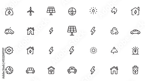 Black and White Vector Line Art Icon Set of Renewable Energy Sources Electric Cars Homes Solar Panels Wind Turbines Recycling Symbols and Lightning Bolts Representing Sustainable Energy