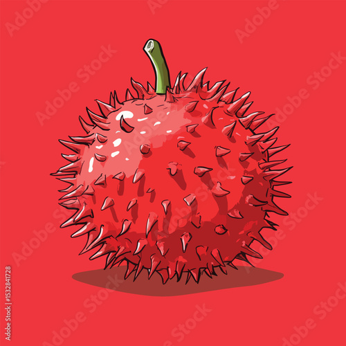 Spiky Red Fruit with Green Stem A Detailed Artistic Rendition