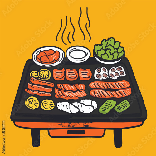 Steaming Korean BBQ Grill with Assorted Meats and Sides