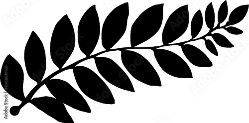 Abstract black leaf silhouette with orange slice arc and spiral stem design for nature-themed art
