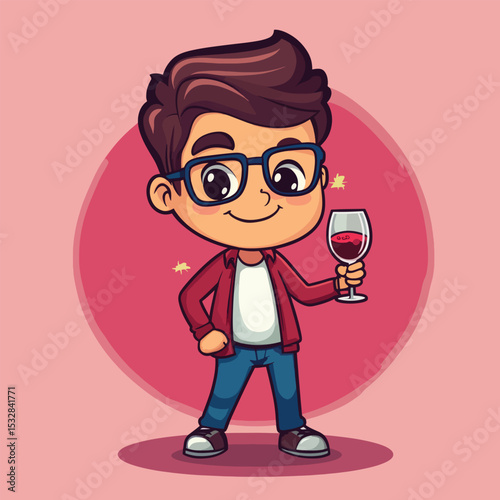 Stylish Boy with Glasses Enjoying Red Wine