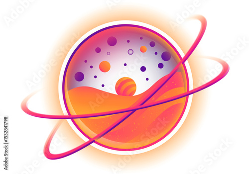 Fototapeta Naklejka Na Ścianę i Meble -  Flat design ringed planet is orbiting with purple field spheres, dune and bands on clear backdrop