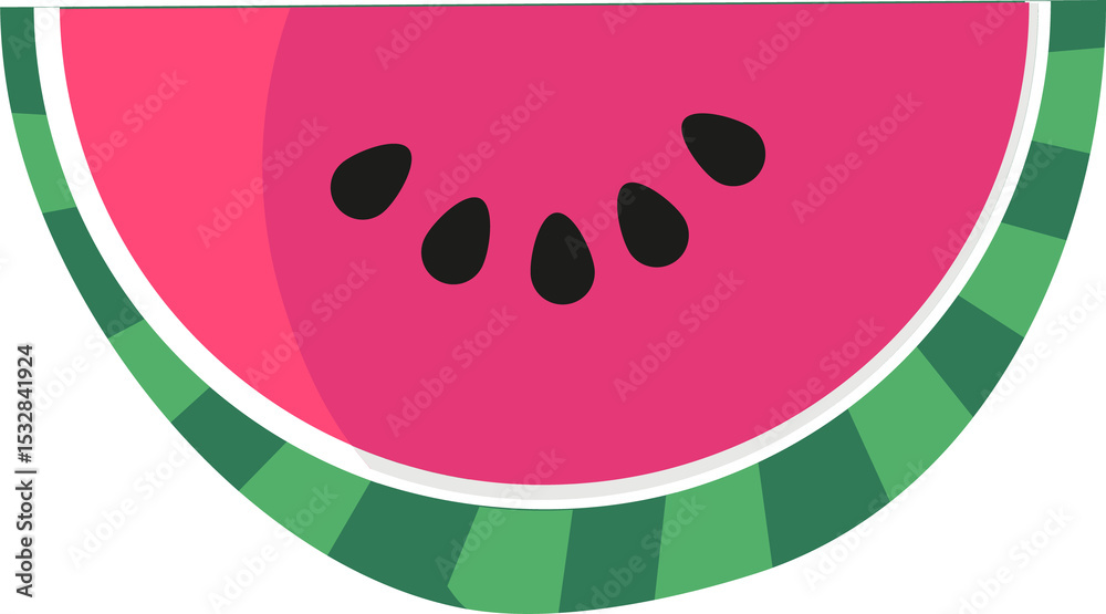 Obraz premium Half watermelon slice is being shown in flat design with seeds, green rind, transparent background