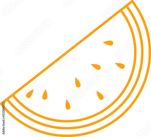 Design is showing watermelon wedge with rind arcs and seeds in orange outline on transparent canvas