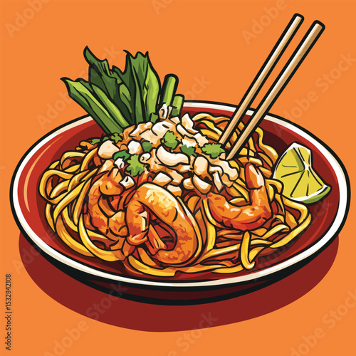 Stylized Pad Thai with Shrimp Noodles Tofu and Lime in a Red Bowl