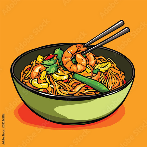 Stylized Pad Thai with Shrimp Tofu Bean Sprouts and Chopsticks in Bowl