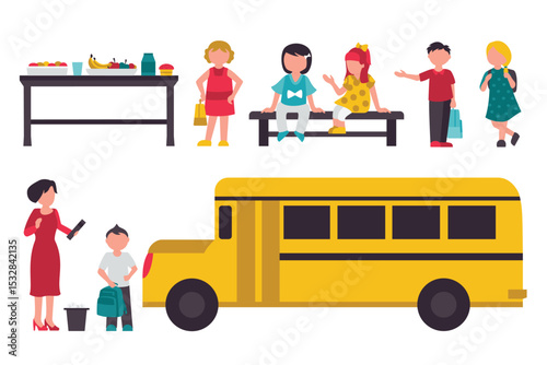 Cartoon flat vector illustrations of students' campus life, primary school education, teachers' classroom teaching, children's life scenes