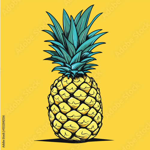 Stylized Pineapple with Teal Crown and Textured Yellow Body Illustration