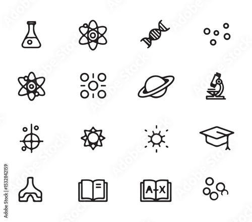 Sixteen Black and White Vector Line Art Science Icons Set including Atom Molecule D N A Beaker Microscope Planet Sun Graduation Cap Book Target Cells