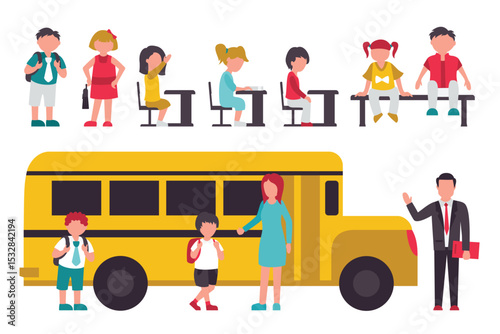Cartoon flat vector illustrations of students' campus life, primary school education, teachers' classroom teaching, children's life scenes