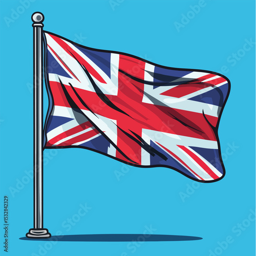 Stylized Union Jack Flag Waving on a Pole with Shadow