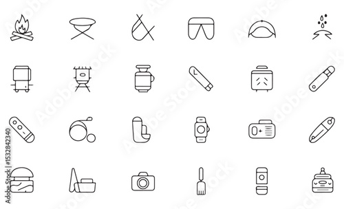 Vector Line Art Icon Set Camping Outdoor Recreation Equipment Supplies Black White Minimalist Style Graphics Illustrations Collection Twenty Four Items