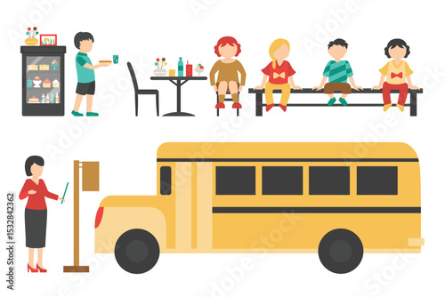 Cartoon flat vector illustrations of students' campus life, primary school education, teachers' classroom teaching, children's life scenes