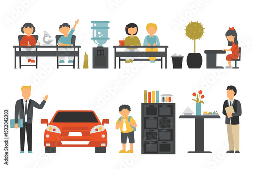 Cartoon flat vector illustrations of students' campus life, primary school education, teachers' classroom teaching, children's life scenes