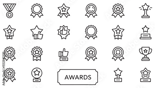 Vector Line Art Icon Set Awards Collection Twenty Four Black Linear Icons on White Background Star Medal Trophy Ribbon Thumbs Up Achievement Success Recognition Excellence Prize Winning First