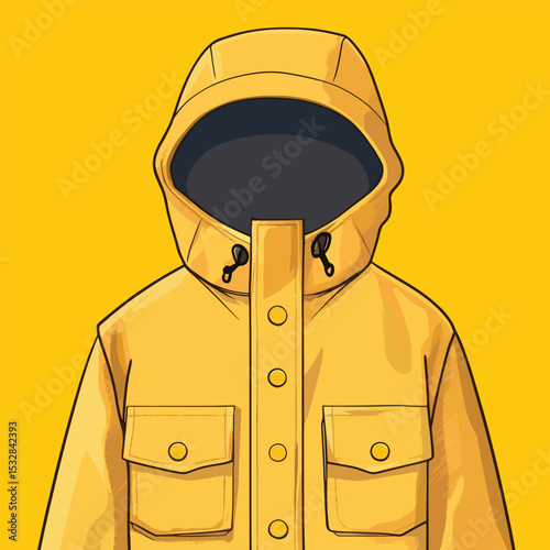 Stylized Yellow Raincoat with Hood and Pockets Cartoonish Design