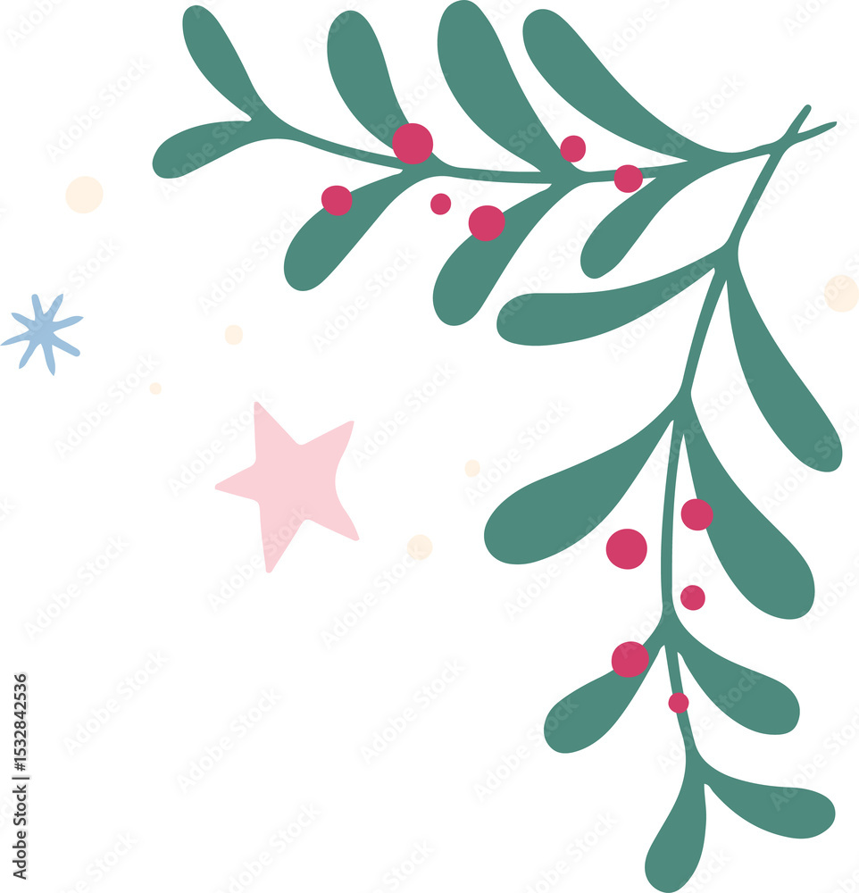 Fototapeta premium Botanical corner vector art is showing foliage, berries, stars and dots on transparent background
