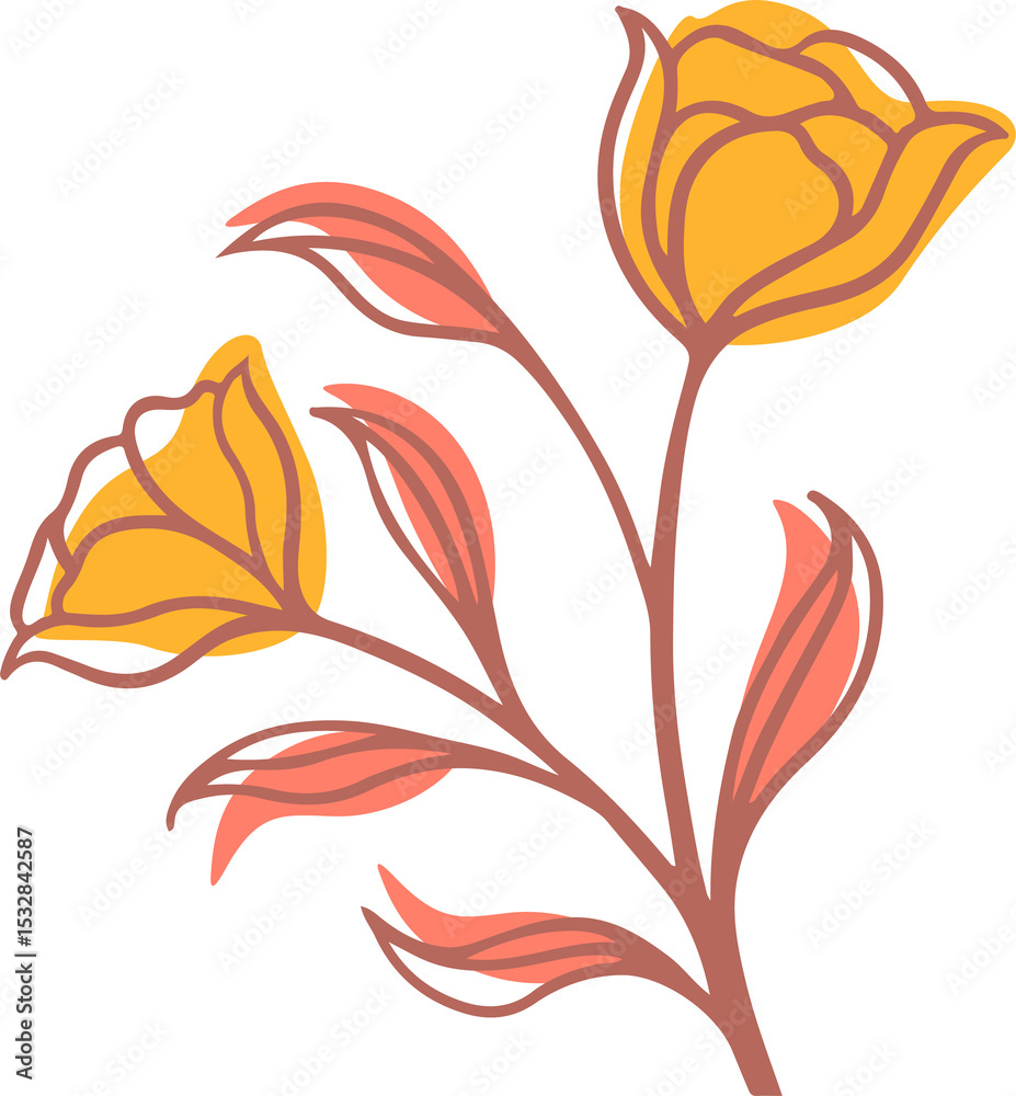 Naklejka premium Branch is showcasing two yellow tulips and coral leaves in flat design on transparent background