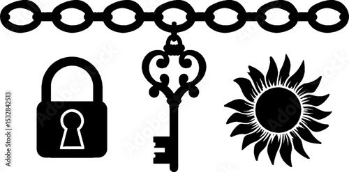 Collection of ornate key, chain loop, lock, and sunflower silhouette design elements