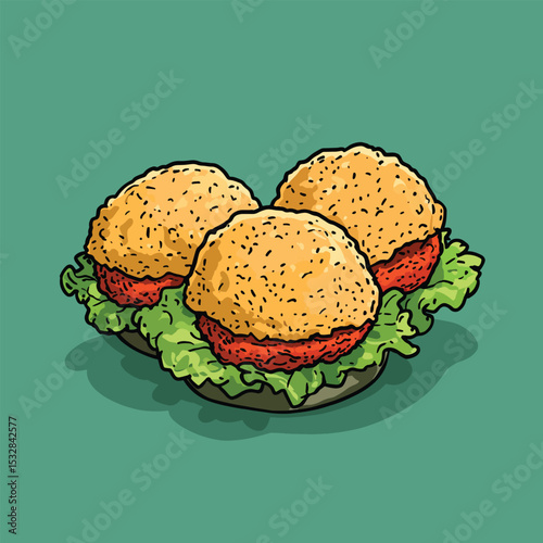 Three Sesame Seed Burgers with Lettuce and Tomato Filling