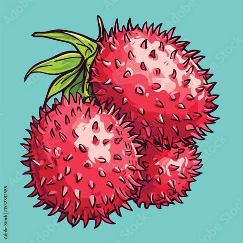Three spiky lychee fruits with vibrant green leaves a tropical delight