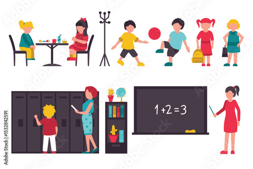 Cartoon flat vector illustrations of students' campus life, primary school education, teachers' classroom teaching, children's life scenes
