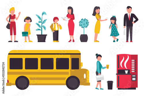 Cartoon flat vector illustrations of students' campus life, primary school education, teachers' classroom teaching, children's life scenes