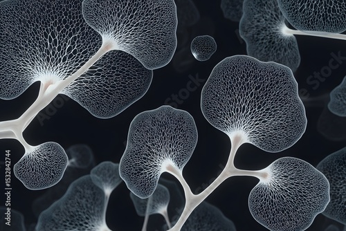 Abstract shapes of branching and interconnected structures, evoking a sense of intricacy and the beauty of unseen biological systems. The delicate forms create a captivating pattern. 