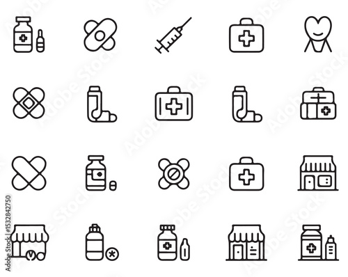 Vector Line Art Icon Set Medical Healthcare Pharmacy First Aid Kit Syringe Bandage Pills Bottles Medicine Clinic Store Building Outline Black White Simple Minimalist Graphic Design Elements