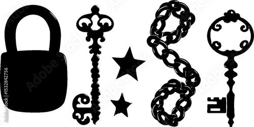 Vintage set of lock, keys, stars, and chain silhouettes for design and decoration